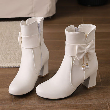 Size Women's Shoes Bows Coarse And Short Boots Women's Korean Version Of High Heel Boots High Quality Shoes